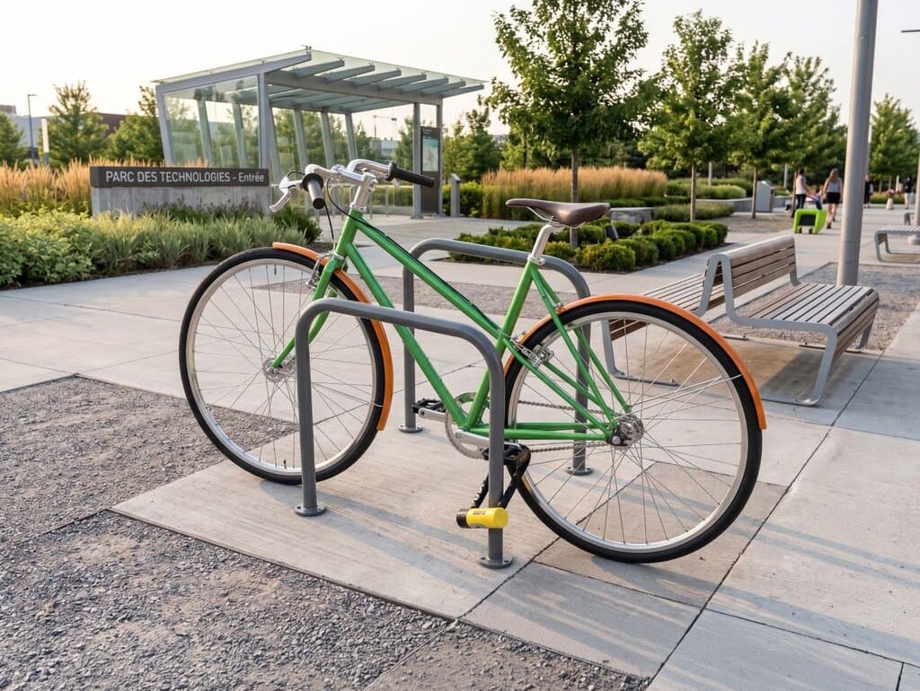 Vélo vert attaché à un arceau Andria par le cadre et la roue avant avec un antivol en U